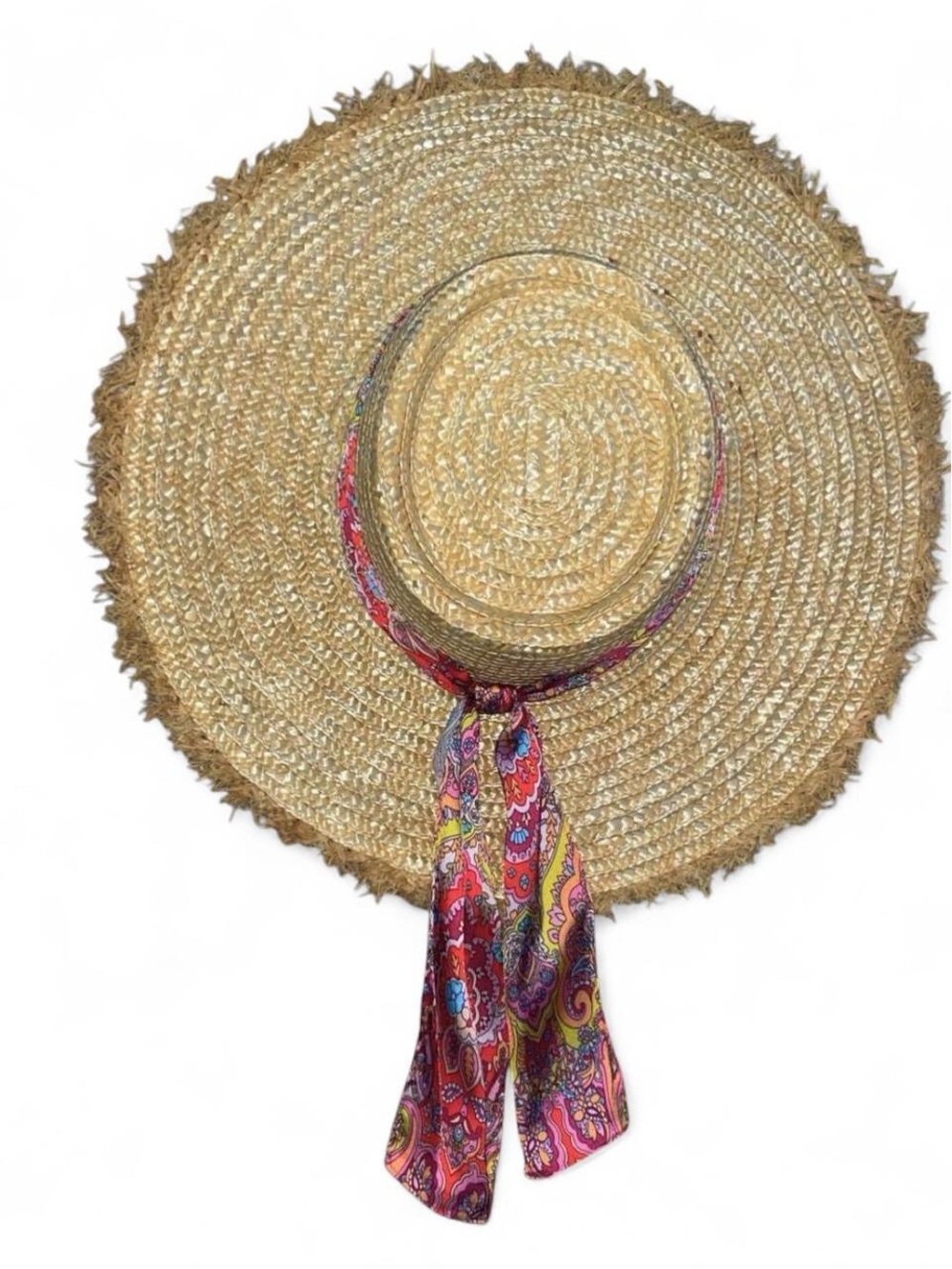 Wide-Brim Straw Sun Hat with Pink Paisley Scarf Detail